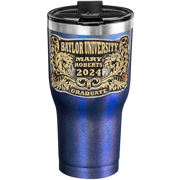 A customized tumbler made of stainless steel with a personalized engraved name and Baylor University lettering, 30 oz, ideal for coffee or cool drinks